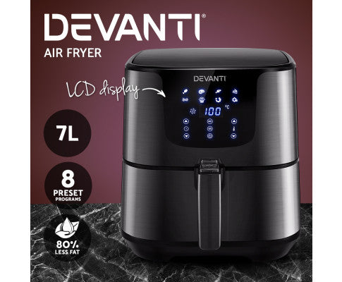 Devanti Air Fryer 7L LCD Fryers Oven Airfryer Kitchen Healthy Cooker Stainless Steel