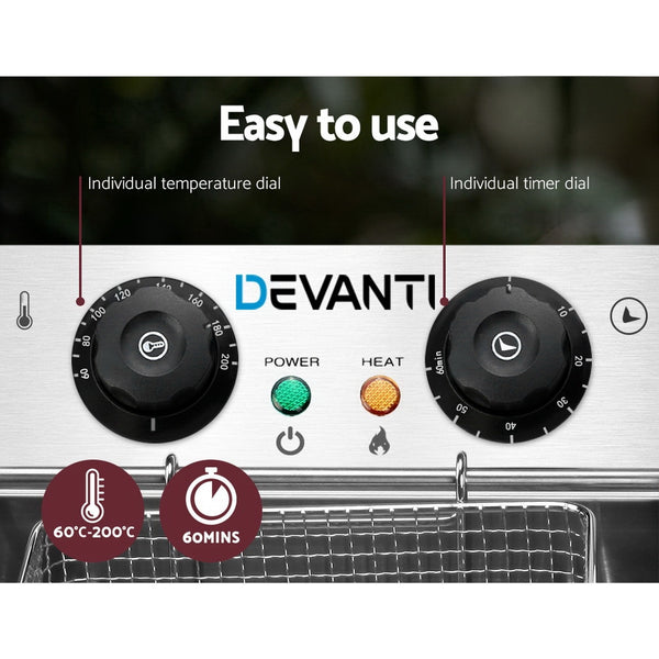 Devanti Electric Commercial Deep Fryer Twin Frying Basket Chip Cooker Kitchen