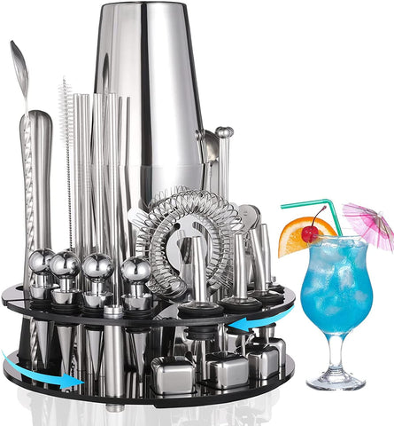 19 Pieces Cocktail Shaker Set Bartender Kit with Rotating 360 Display Stand and Professional Bar Set Tools